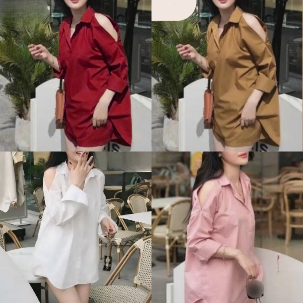 Bộ áo sơ mi dài tay bằng vải ly hợp ngắn có nút trước lệch vai + quần có lót (K20) A3212