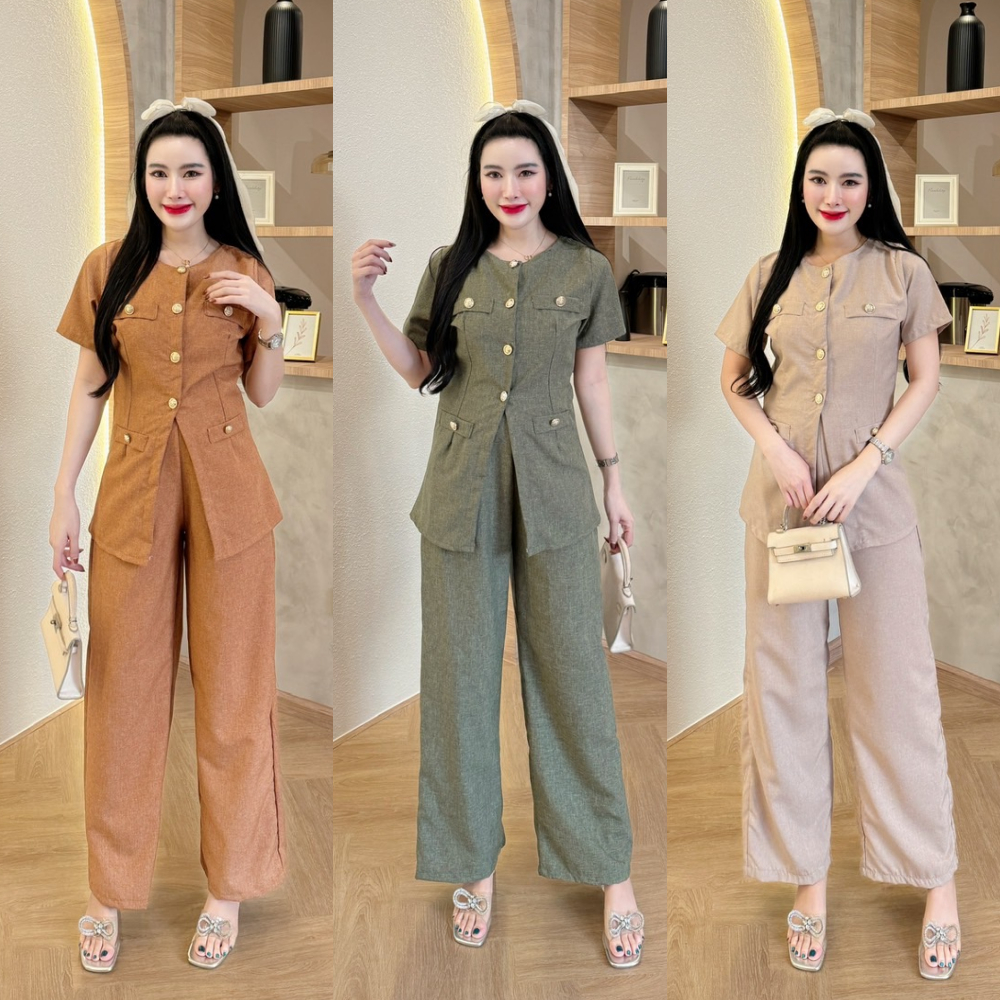 Bộ đồ Tweed dài có túi và nút phía trước + Quần eo trơn có khóa kéo lưng và bên hông A5262