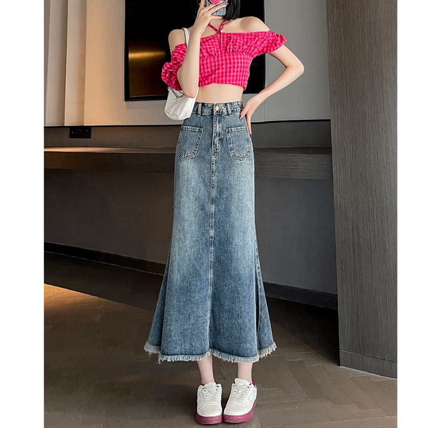 GDhs house Midi Đuôi Cá Quần Jean Váy Cao Cấp Thời Trang Xanh-Gray Nữ CV27