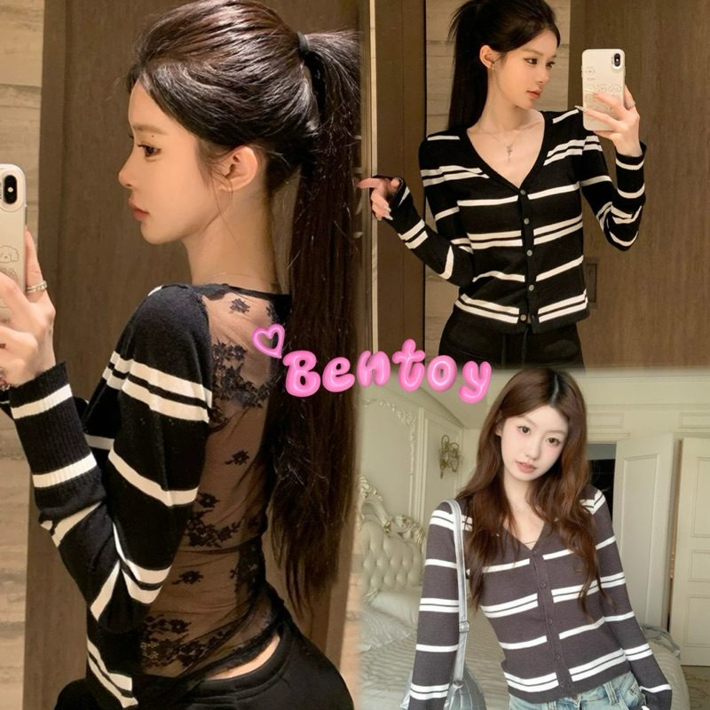 Bentoy (FM100) Áo Sơ Mi Dệt Kim Dài Tay Nút Trước Thật Hoa Nhìn Xuyên Qua Lưng Gợi Cảm Ánh Sáng Sọc