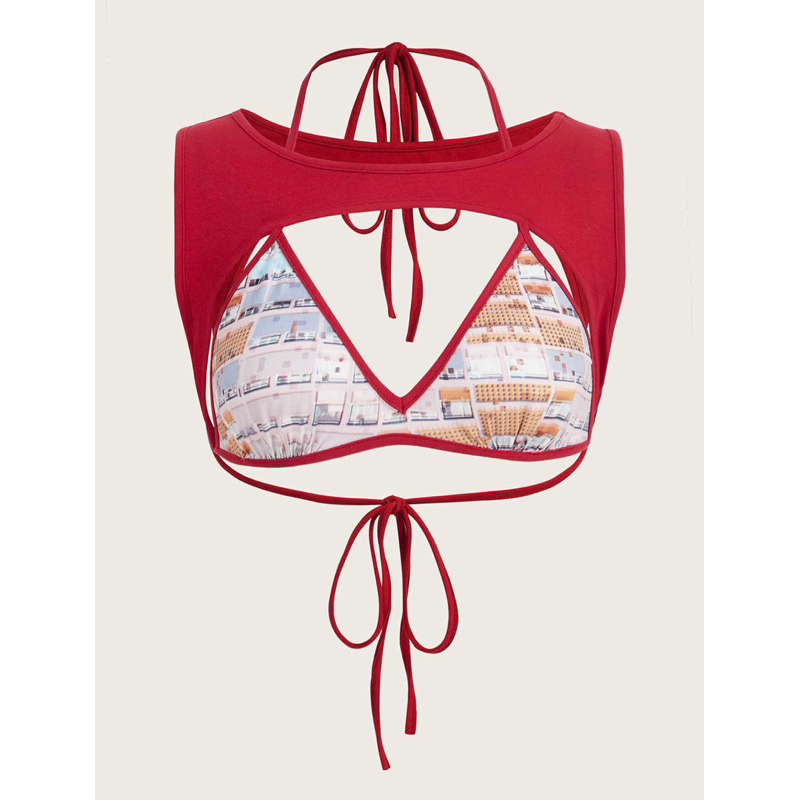 Halter Top Tie Bare Back In họa tiết