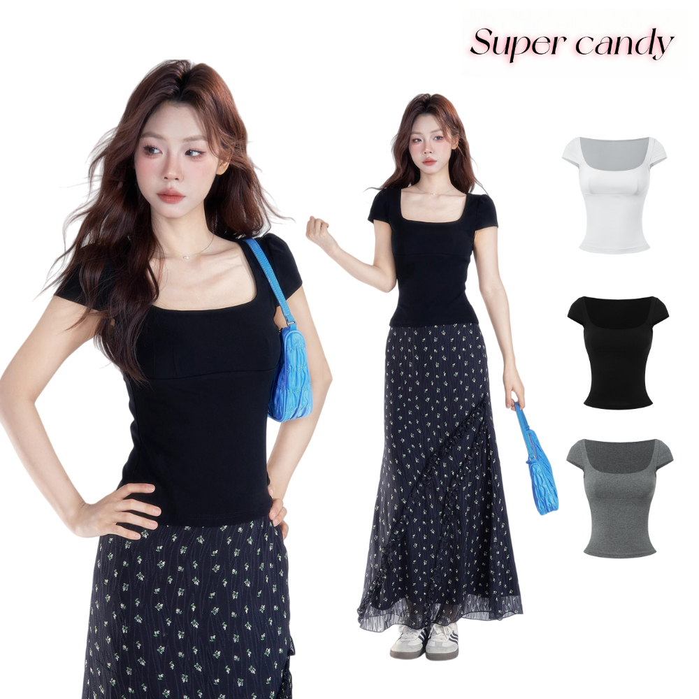 Áo thun nữ SuperCandy Cổ vuông Slim Fit Thiết kế co giãn Phong cách: Hot Girl Modern