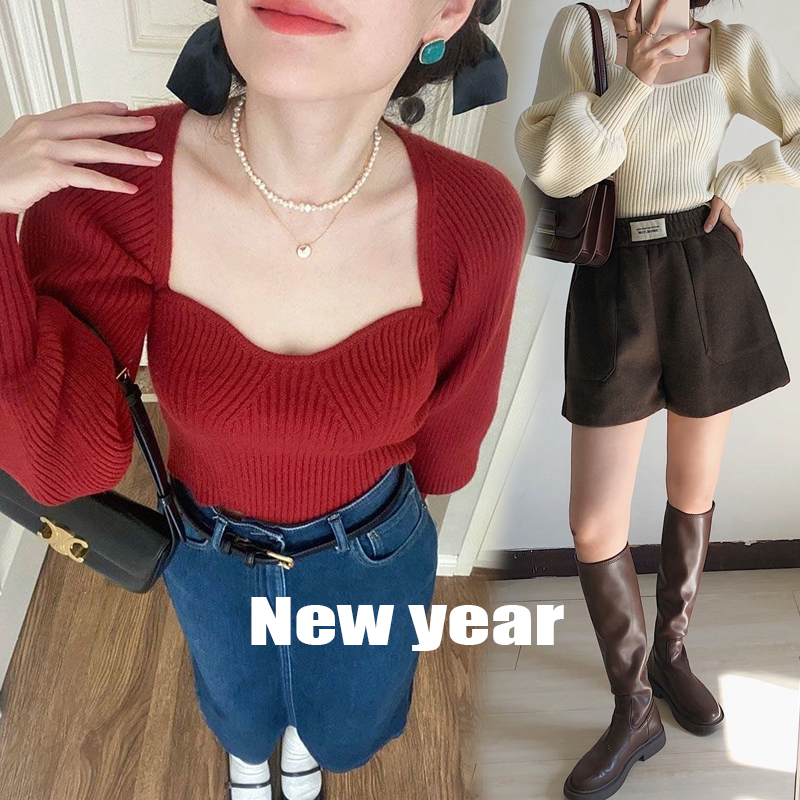 Cuties ️ J136 ️ Áo Sơ Mi Dệt Kim Cổ Vuông Slim Fit Đèn Lồng Tay Áo Vải Co Giãn Phong Cách Thường Ngà