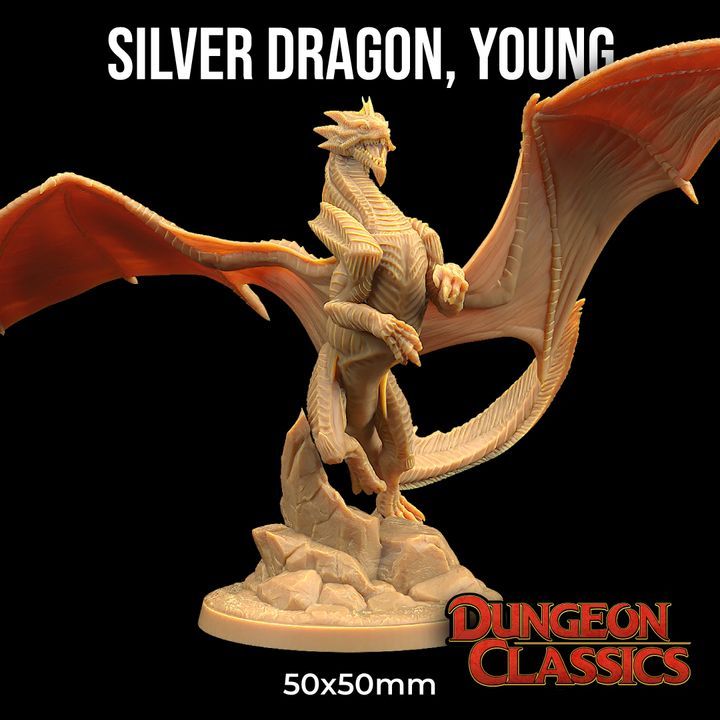 DnD Dragon I Young Silver Dragons-Game Board Model (Nhựa không sơn) Đế 2 Inch