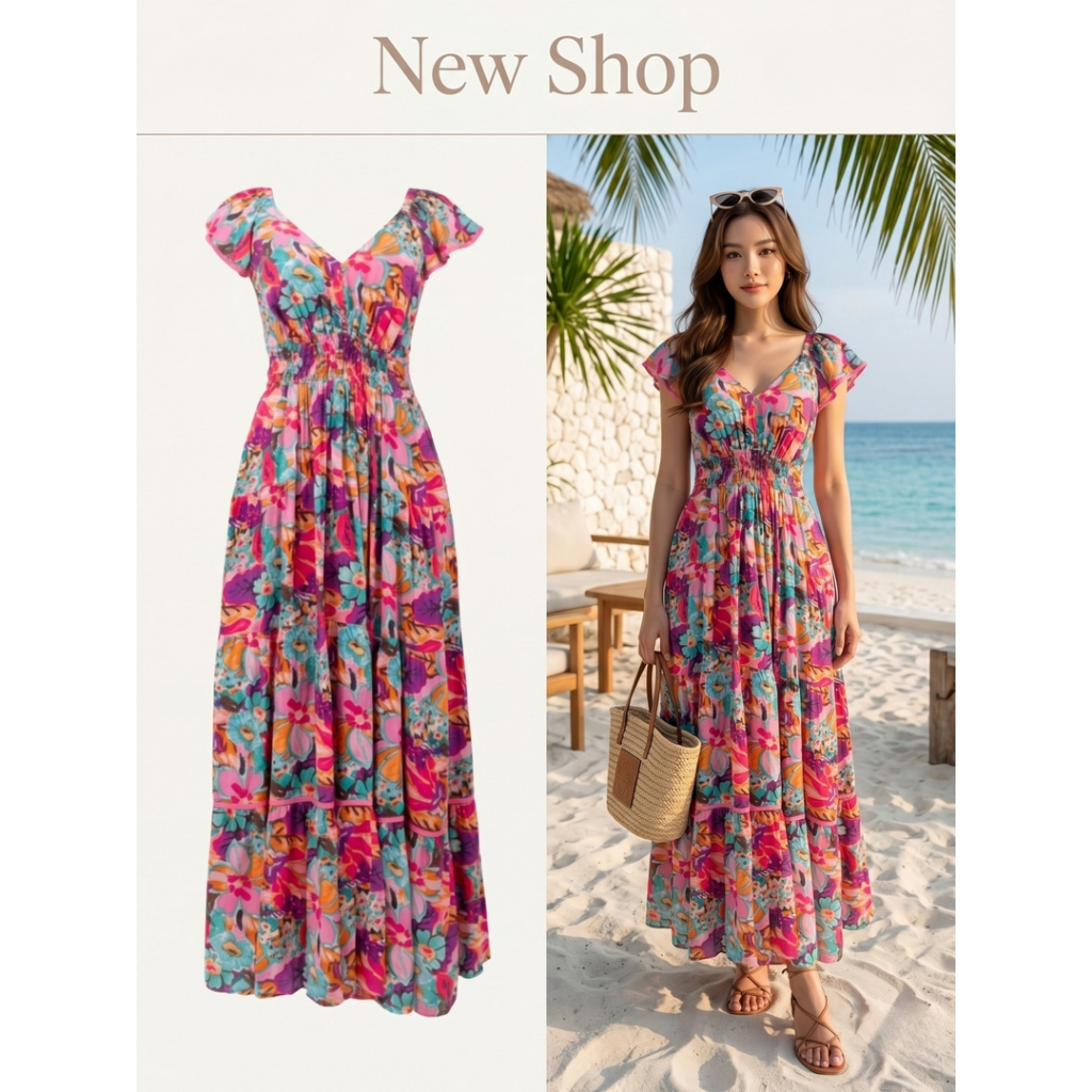 Đầm hoa tay áo xù màu hồng Vải Rayon cổ chữ V (Vải Rayon) Chiều dài = 51