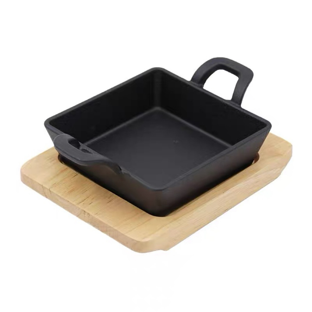 Chảo gang Mini có đế gỗ hình vuông có tay cầm