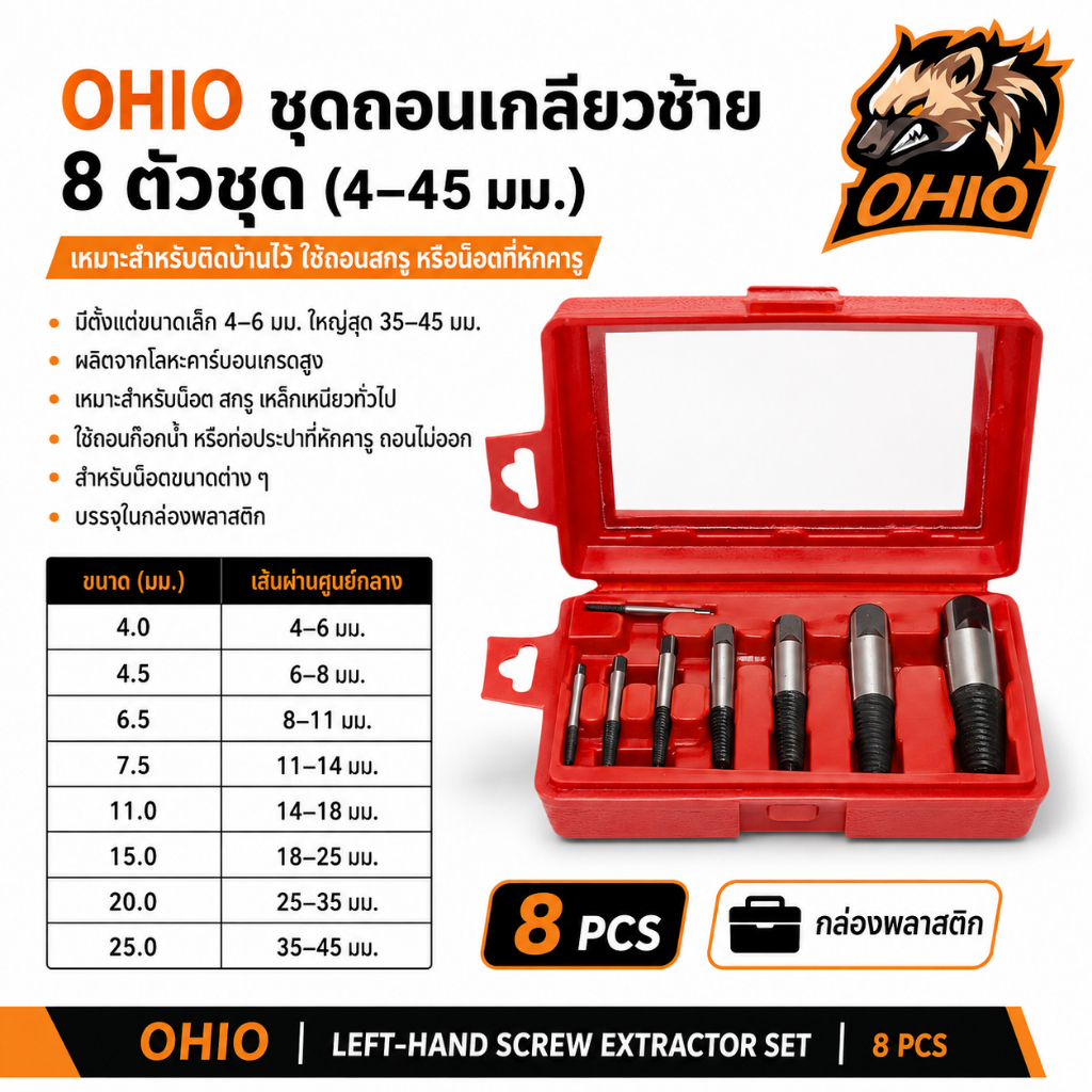 Bộ vắt ren trái 8 mảnh OHIO (4-45mm.) Để tháo vít hoặc hạt vỡ