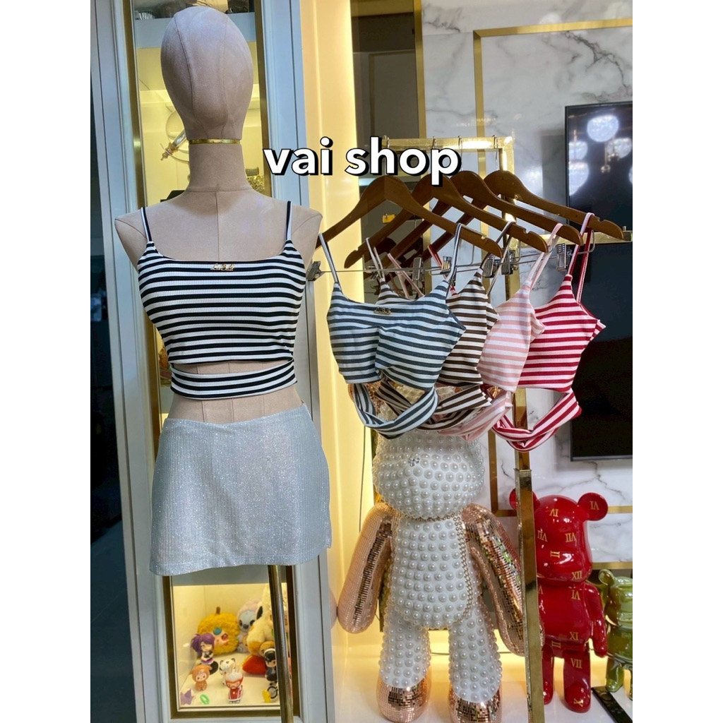 Mùa hè Dây đeo Spaghetti Sọc Vải có gân Mặt trước xẻ chéo Thắt lưng LB 37 Vai shop