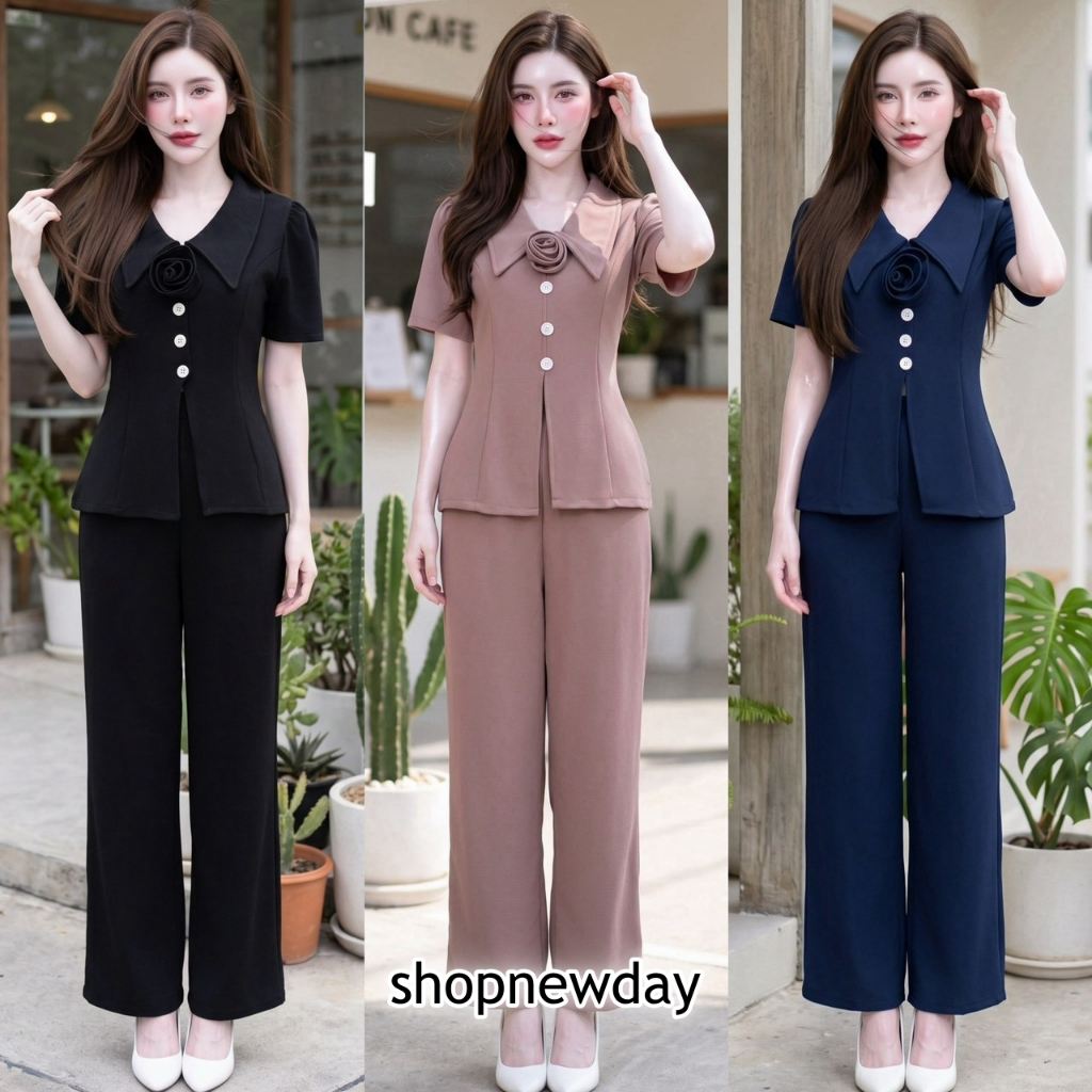 Bộ Tiệc Len Sóng Vải Cổ Áo Sơ Mi Có Nơ Trang Trí Ở Nút Trước + Quần Eo Mịn Có Túi Phù Hợp Với A8051
