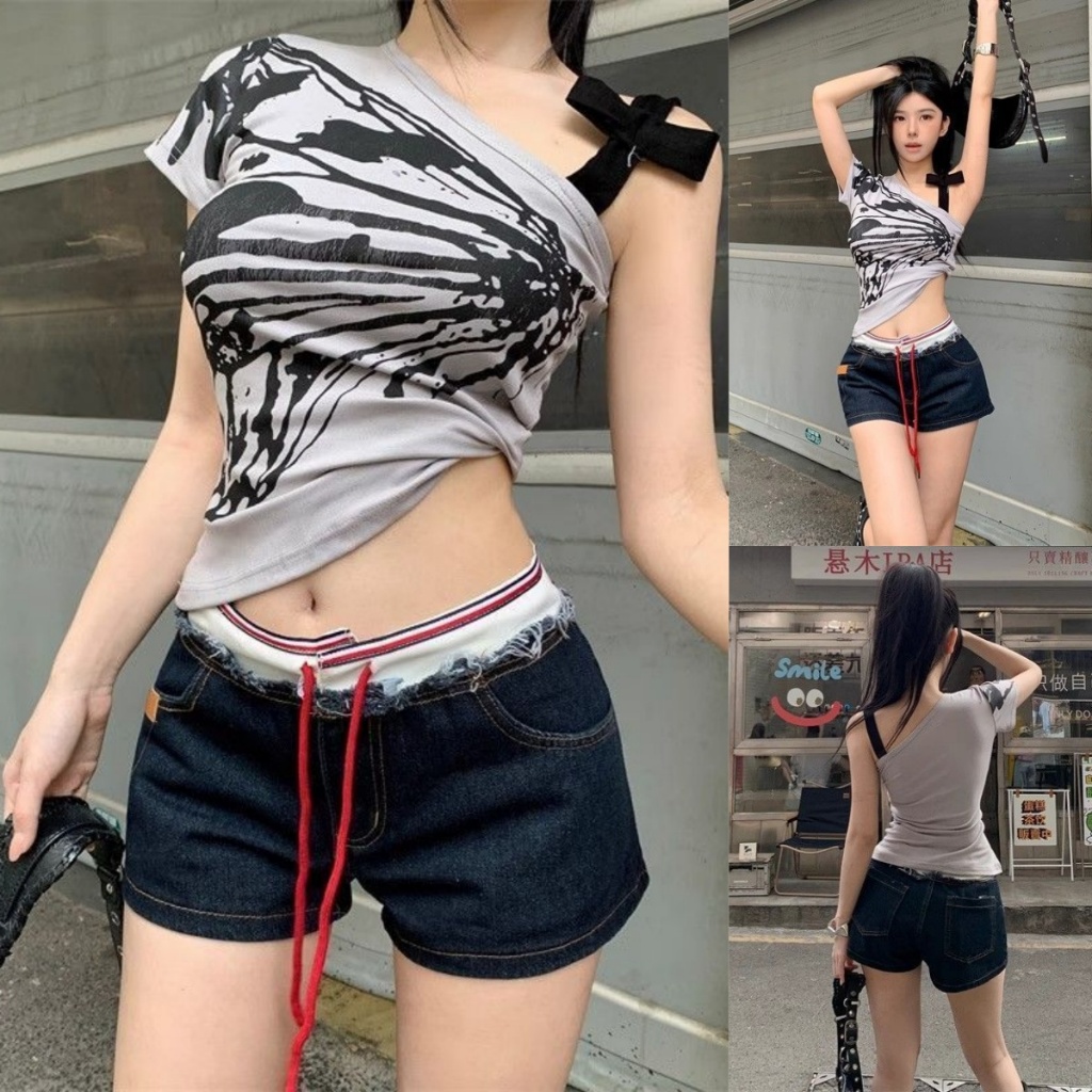 Quần Short Nữ Eo Thấp Alternating Y2k Style 1286