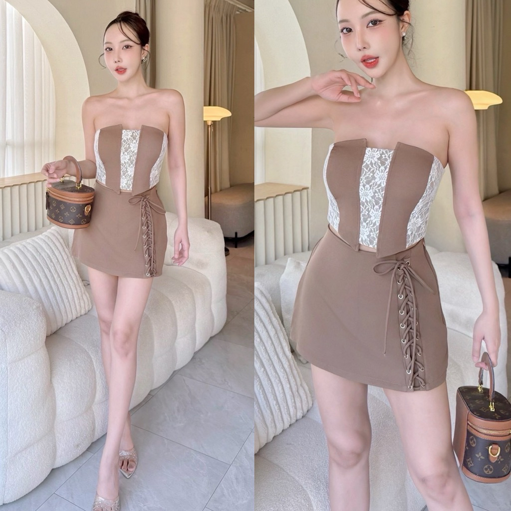 Bộ Azalea Bộ Ren-Decorated Tube Top Đệm Ngực Phù Hợp Với Váy Và Quần Được Trang Trí Với Chân Dây Rút