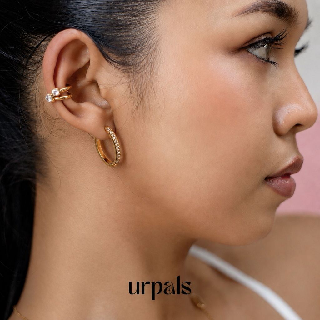 URPALS Bông tai vòng không gỉ mạ vàng 18K có kim cương CZ Không bong tróc Không màu đen Thích hợp ch