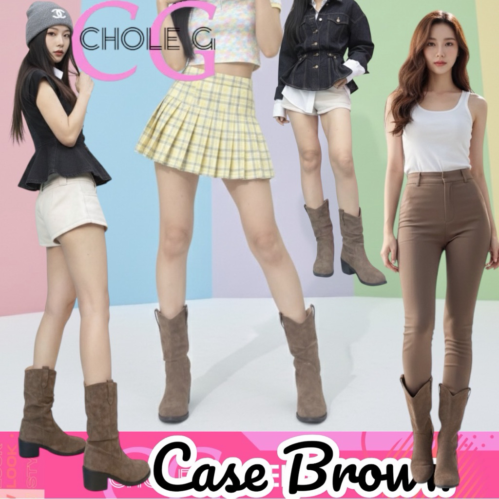 Chole G: Case Brown Short Korea Boots Dài Nhung Gót (SH280)