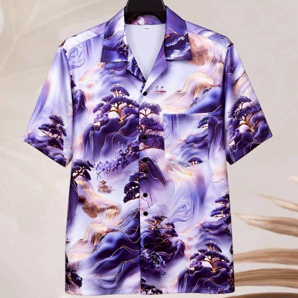 Áo sơ mi Hawaii Họa tiết rừng núi tím (Nền tím) Lụa Ý