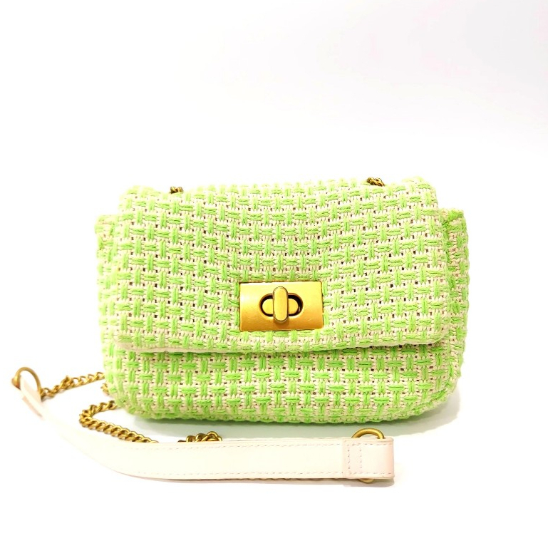 Túi đeo vai H & M đích thực Chic Lime Xanh dệt Tweed Vải Vintage Phụ kiện vàng