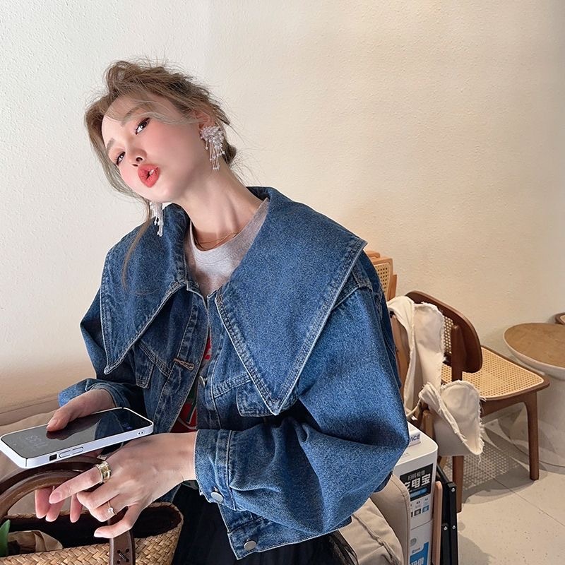 Fairy.store Áo khoác Aurora Phong cách thủy thủ cổ lớn Denim TS2148