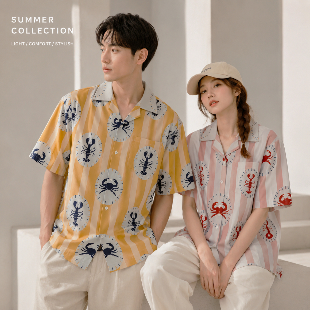 11.Áo sơ mi nghệ thuật Pastel hải sản WOLF Họa tiết Hawaii ngắn tay / H333