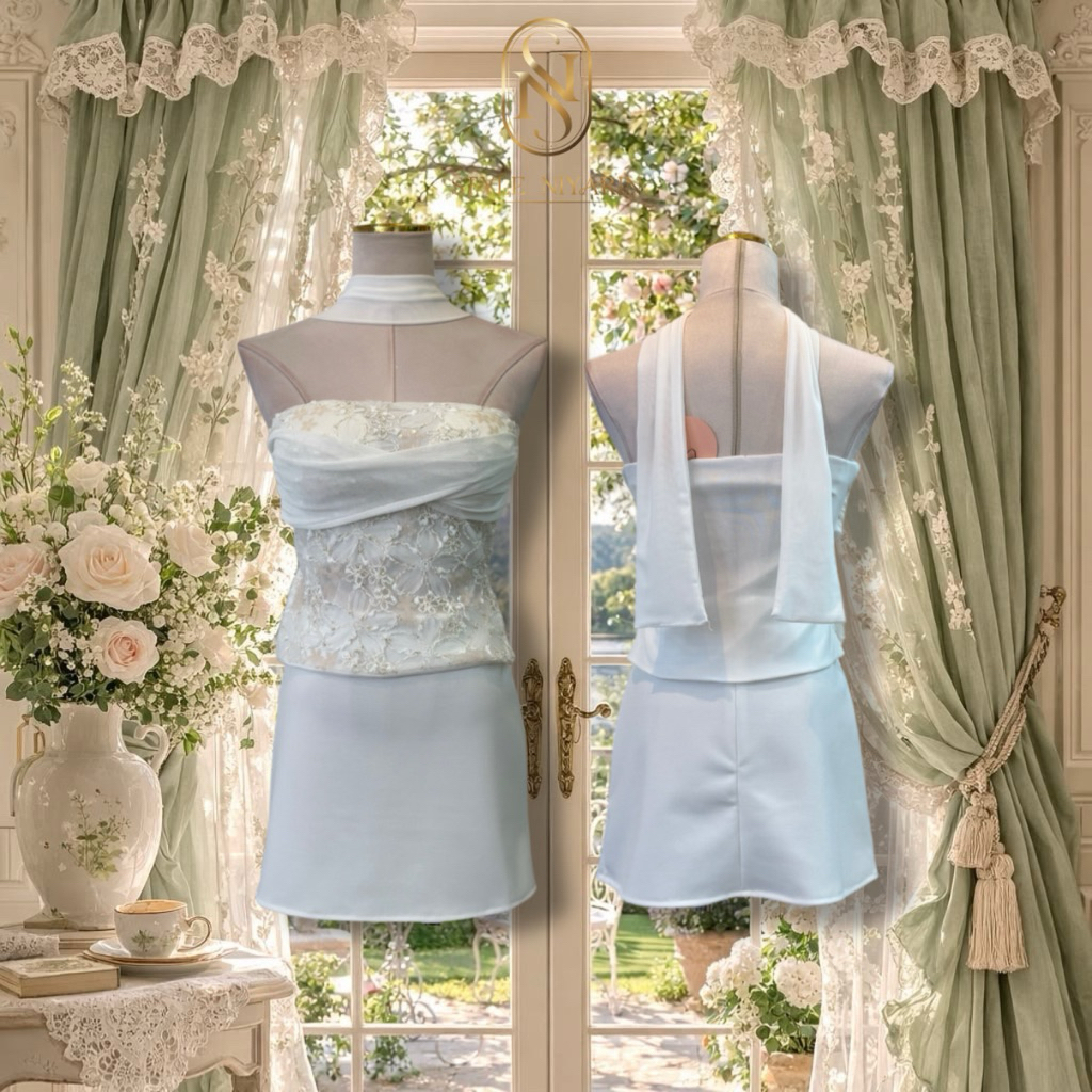 Brianna Bộ 3 Miếng Ống Top Váy Khăn Hoa Áo Sơ Mi Có Nhìn Xuyên Qua Lưng Vải Chất Lượng Tốt