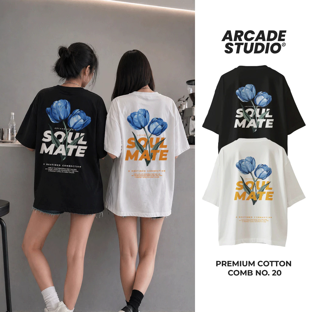ARCADE STUDIO Áo Thun Vải Cotton Quá Khổ 2 Màu Đen / Trắng Xanh Hoa Tulip Họa Tiết Trên Mặt Sau SOUL