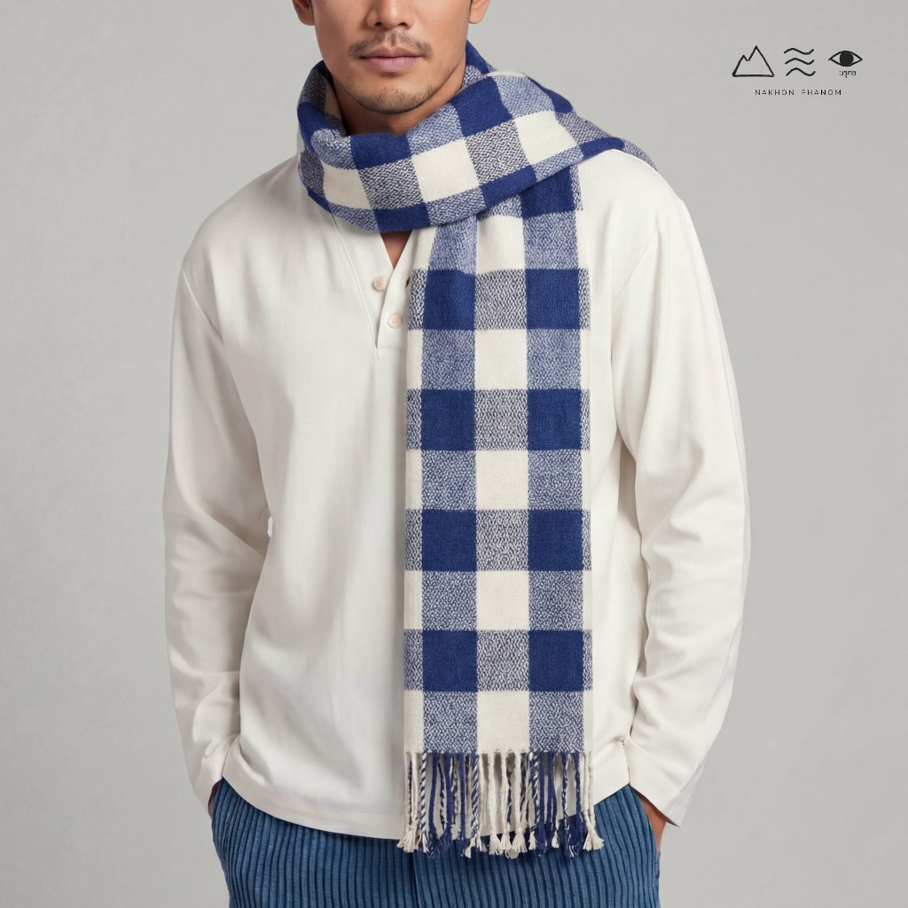 Khăn Cotton Dệt Tay Indigo Nhuộm 003 Indigo-Trắng Lưới Lớn
