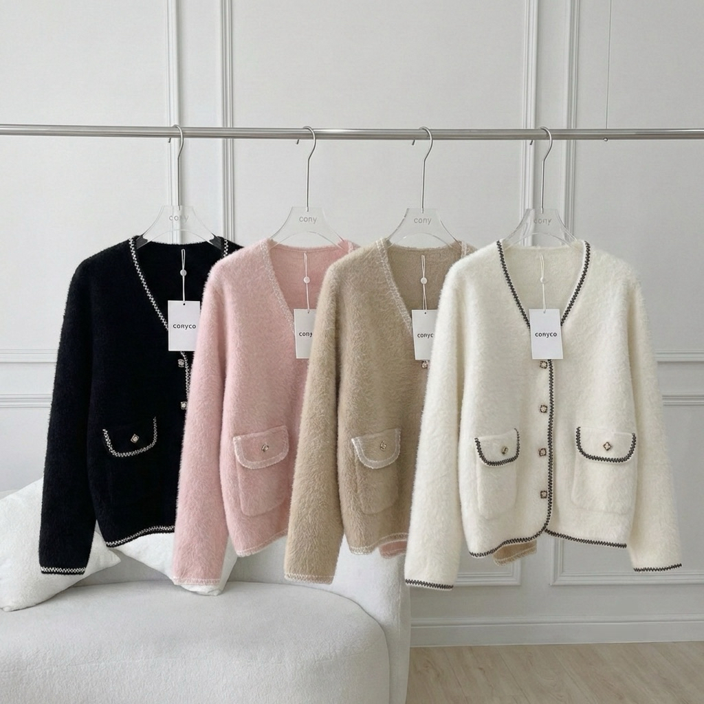 Màu cony | Áo cardigan cherine có viền xù Nút ngọc trai