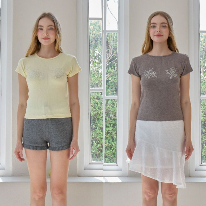 Rand0m mảnh-Sophie Pointelle Baby tee Openwork Vải in hoa
