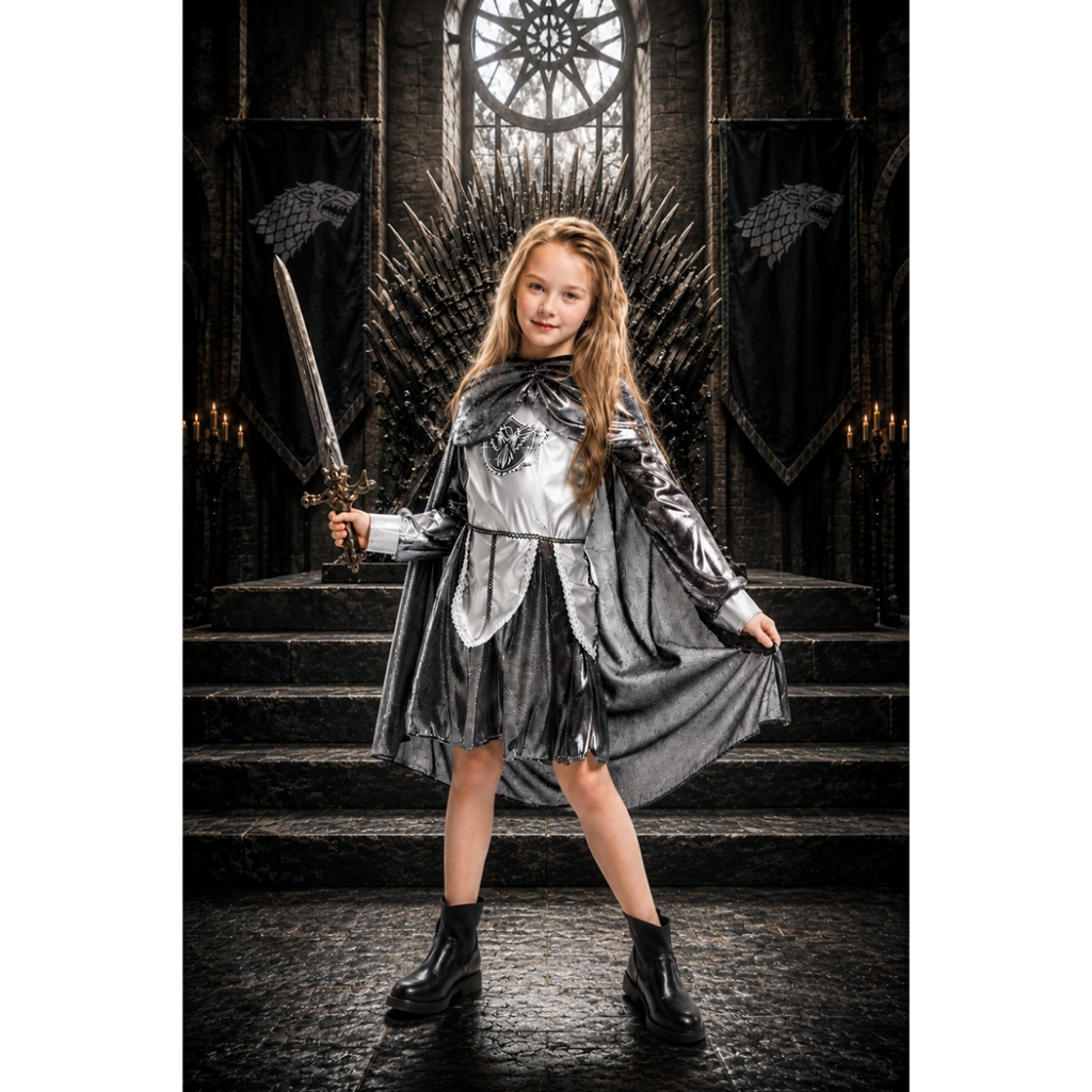 Nữ Hiệp Sĩ Trang Phục Bạc Tưởng Tượng Công Chúa Chiến Binh Với Áo Và Thanh Kiếm Cosplay Trẻ Em 7C115