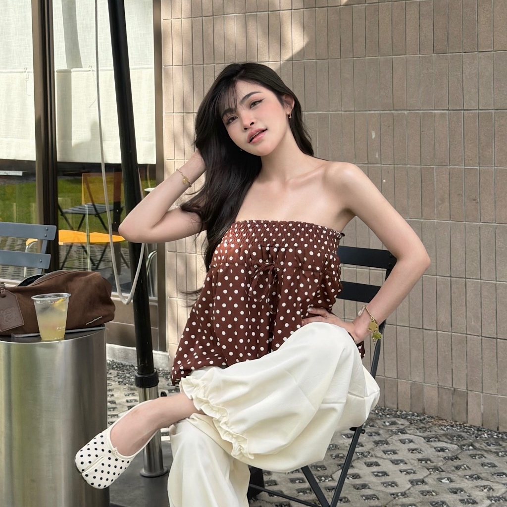 Benzbunny- (2 size) Bộ chấm Mocha Vải sáng bóng Phong cách Genie Quần dễ thương Thoải mái khi mặc Cô