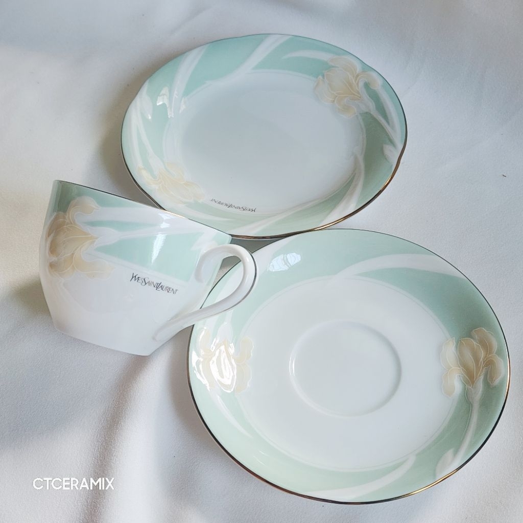 Ctceramix Yves Saint Laurent (YSL) Teacup Trio Bộ cốc cà phê + Đĩa viền vàng Sứ họa tiết hoa phản qu