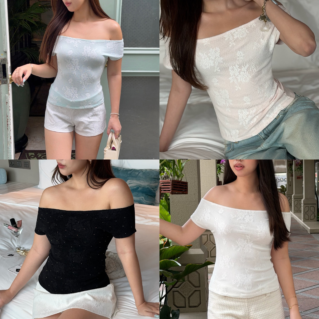 Claire top của Duex Studio (XS-2XL) Ren lệch vai với chi tiết vải hoa hồng kim cương