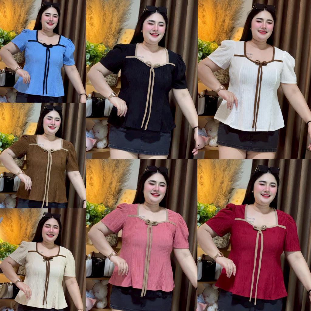 Plus Size Áo Sơ Mi Nữ Bust 38-46 Cổ Vuông Tay Rời Được Trang Trí Với Viền Thắt Nơ Dễ Thương Vải Tốt 