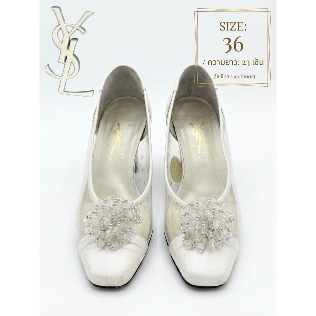 L Đã qua sử dụng / Vintage YSL Yves Saint Laurent Giày trắng Pha lê xuyên thấu gót thấp Size 36 23cm