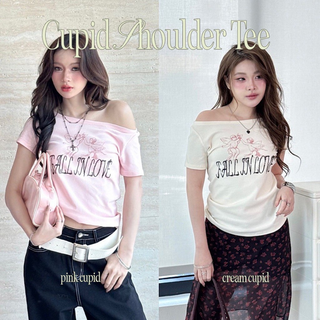 Choosedress A2031 Áo thun đeo vai Cupid cổ rộng Áo thun lệch vai với chi tiết thêu chữ Q-Pik
