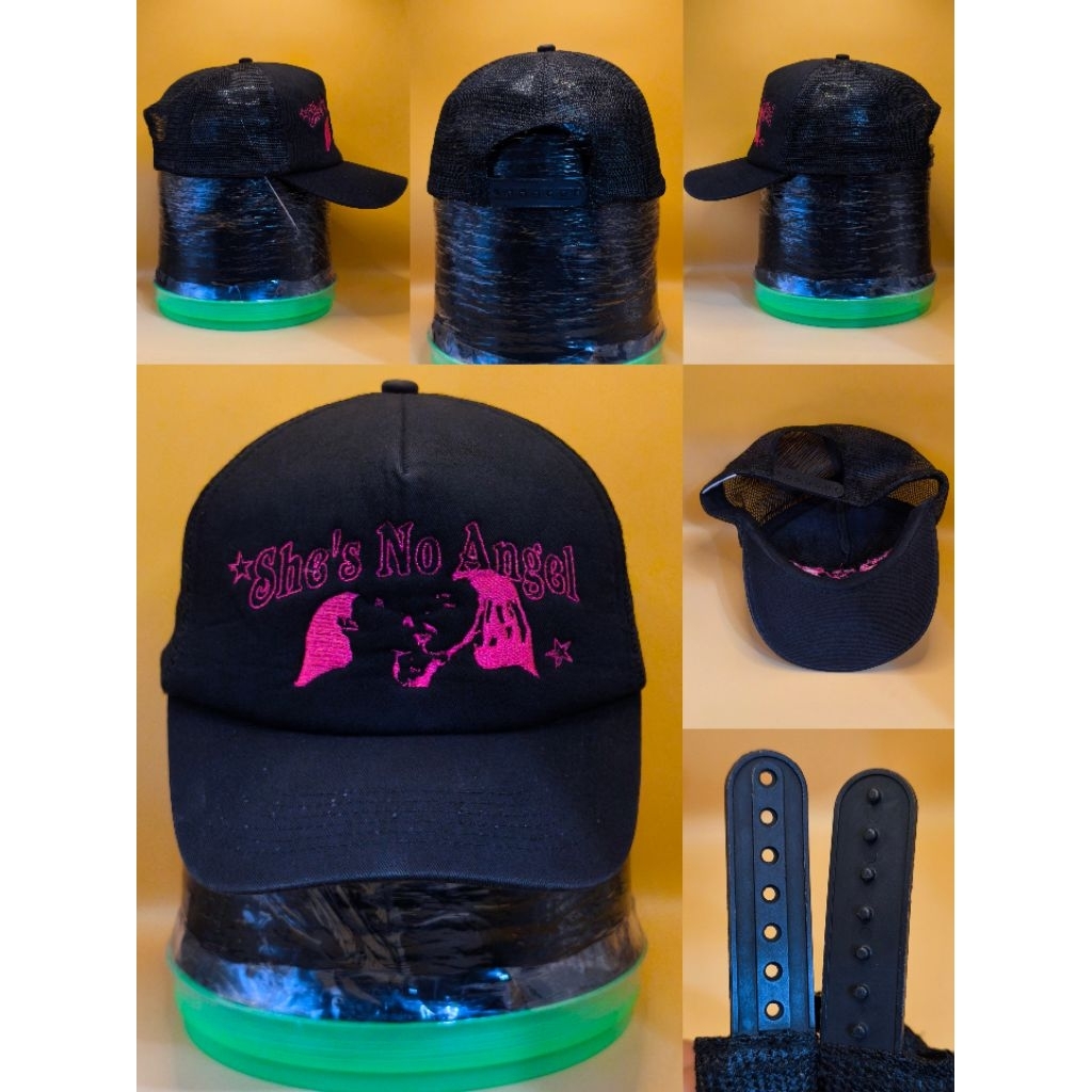Mũ Trucker Mũ Lưới Chắc Chắn Đen Y2k Đường Phố Thêu Đồ Họa "She 's No Angel" Hot Pink Fashion Line D