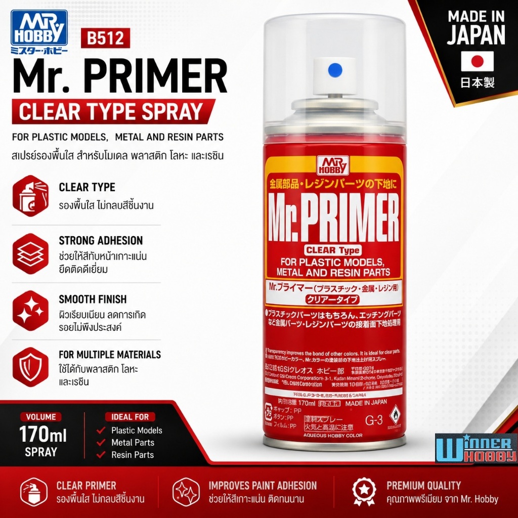 Mr Hobby B512 Primer Clear Type Spray 170ml Kem nền cho các mẫu nhựa Phụ tùng nhựa & PE sản xuất tại