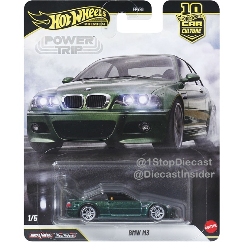 Hot Wheels Premium Car Culture Power Trip-BMW M3 (E46) Mẫu kim loại xanh lấp lánh Mô hình cao su chí