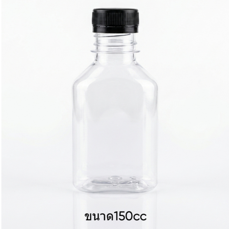 Chai nhựa PET phẳng 150cc có nắp xoắn ốc màu đen. Đóng gói trong 150 miếng