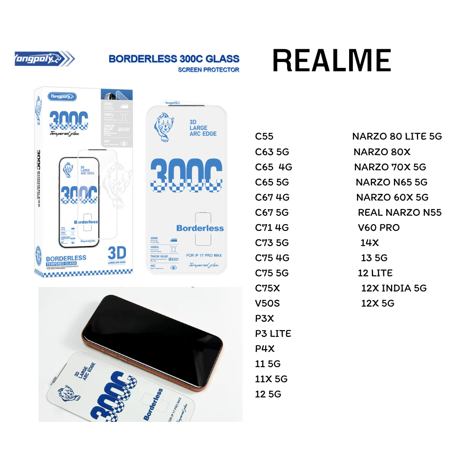 Phim Kính Cường Lực Toàn Màn Hình 300C Không Cạnh Đen Real C55 / C63 5G / C65 4G / C65 5G / C67 4G /