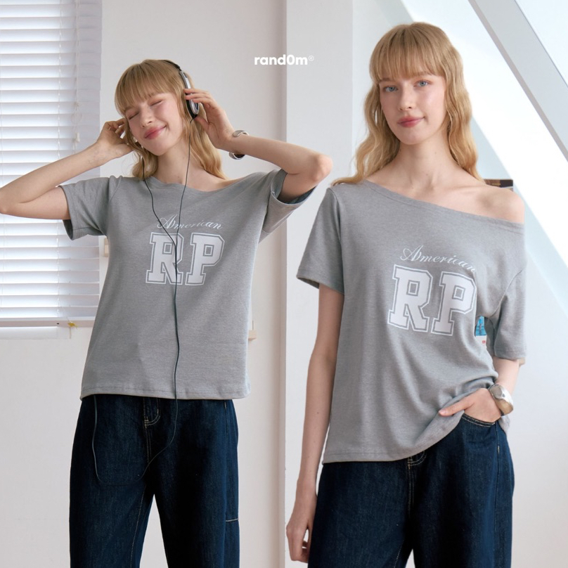 Rand0m piece-RP Áo thun lệch vai màu xám