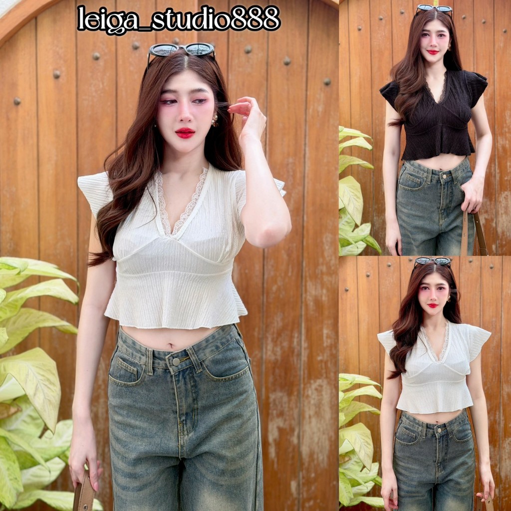 Thời Trang Crop Top Shell Vải Cổ Chữ V Ren Trang Trí Tay Xù Phong Cách Việt Nam Mặc LG173 Matte
