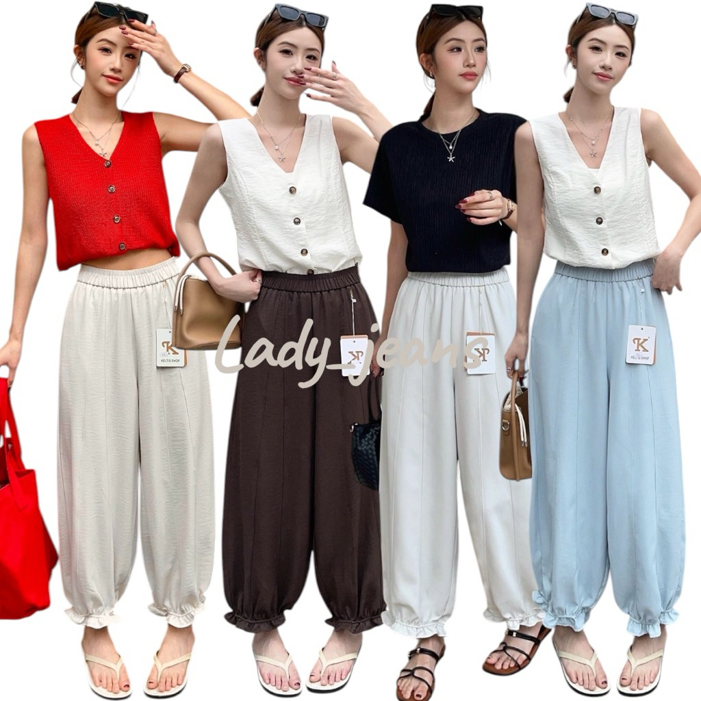 Lady _ jeans 216 (K) Quần dài vải lanh phong cách Genie eo trơn