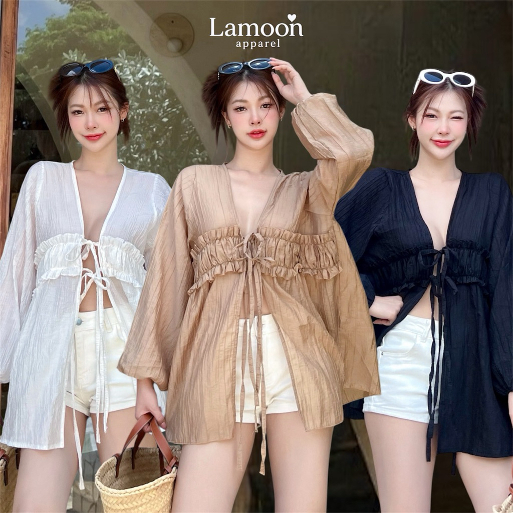 Áo sơ mi cổ chữ V Winnie top có dây buộc nơ phía trước đi biển Cafe Set by Lamoon may mặc