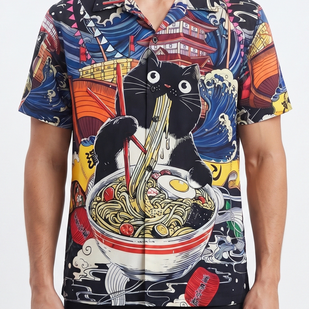 Áo sơ mi Hawaii Db457-Black Cat Ramen (Áo lụa cao cấp của Ý tại Thái Lan)