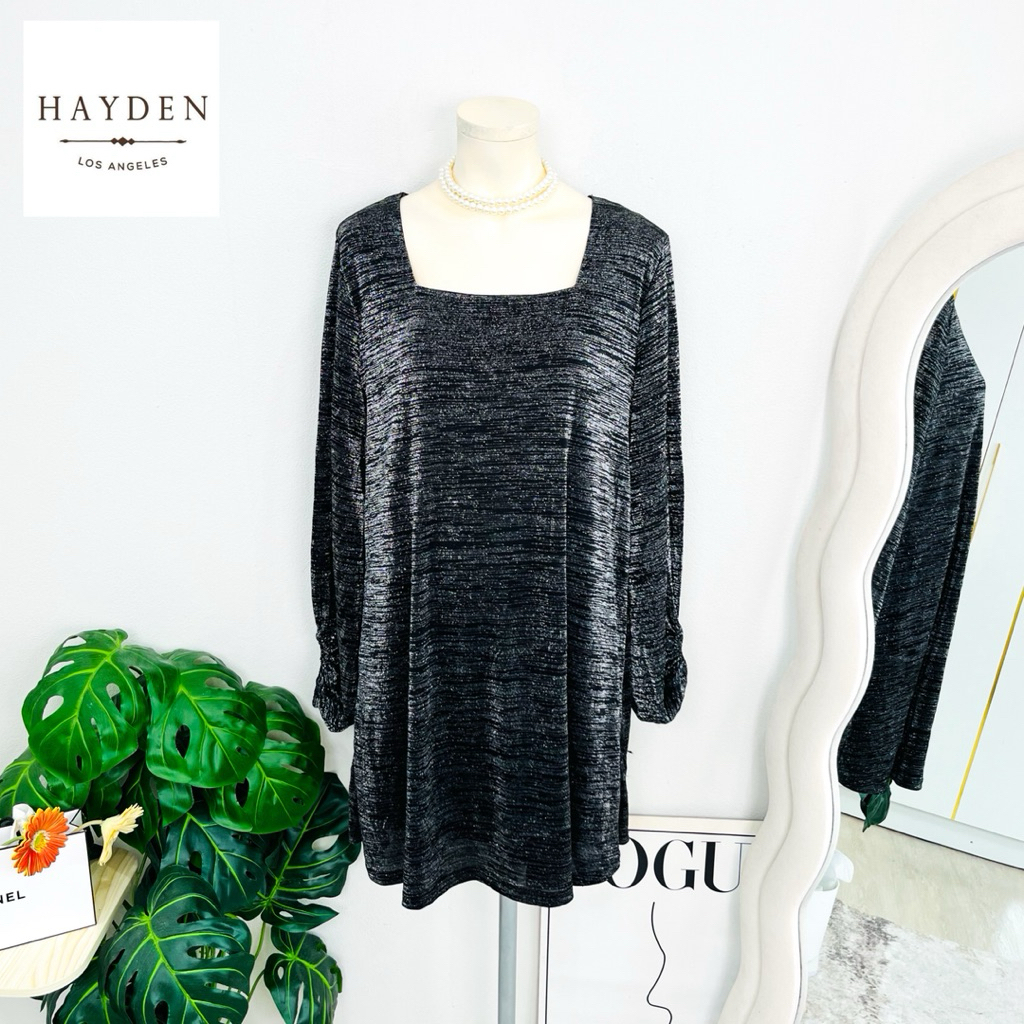 Size XL Mới Hayday Thương Hiệu Xác Thực 1 Đầm Cổ Vuông Plus Tay Áo Sang Trọng Cân Sáng Bóng Màu Đen 