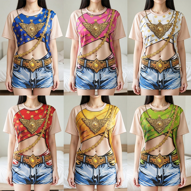 Áo thun (NVN-177) Áo sơ mi kẻ sọc họa tiết Thái Lan cổ tròn có Songkran