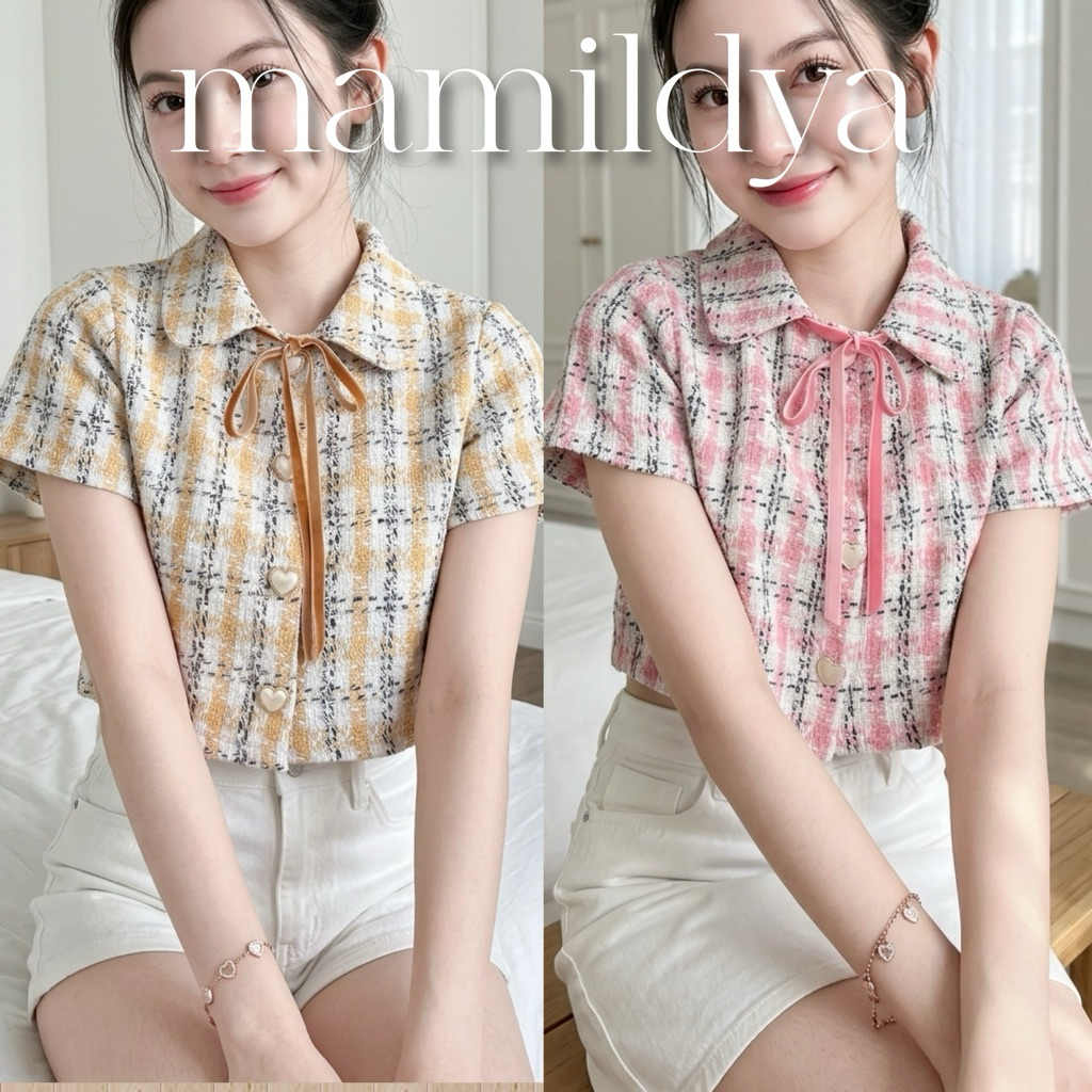 Plus Ribbon ️ Áo Crop Top có cổ ngắn tay / D1-2 / / COOK-Rib Color
