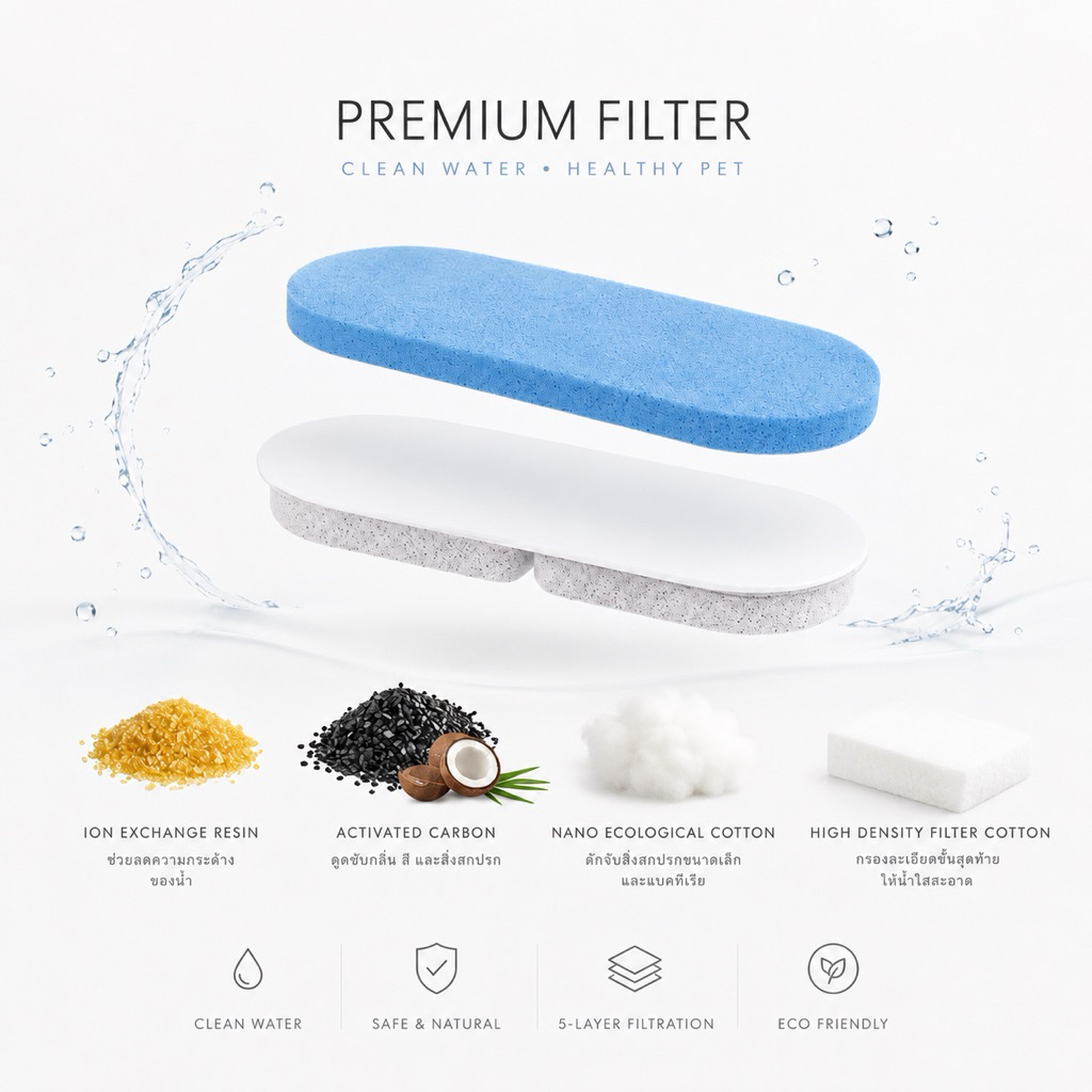 Tấm lọc petcare Nước đài phun nước dày 5 lớp