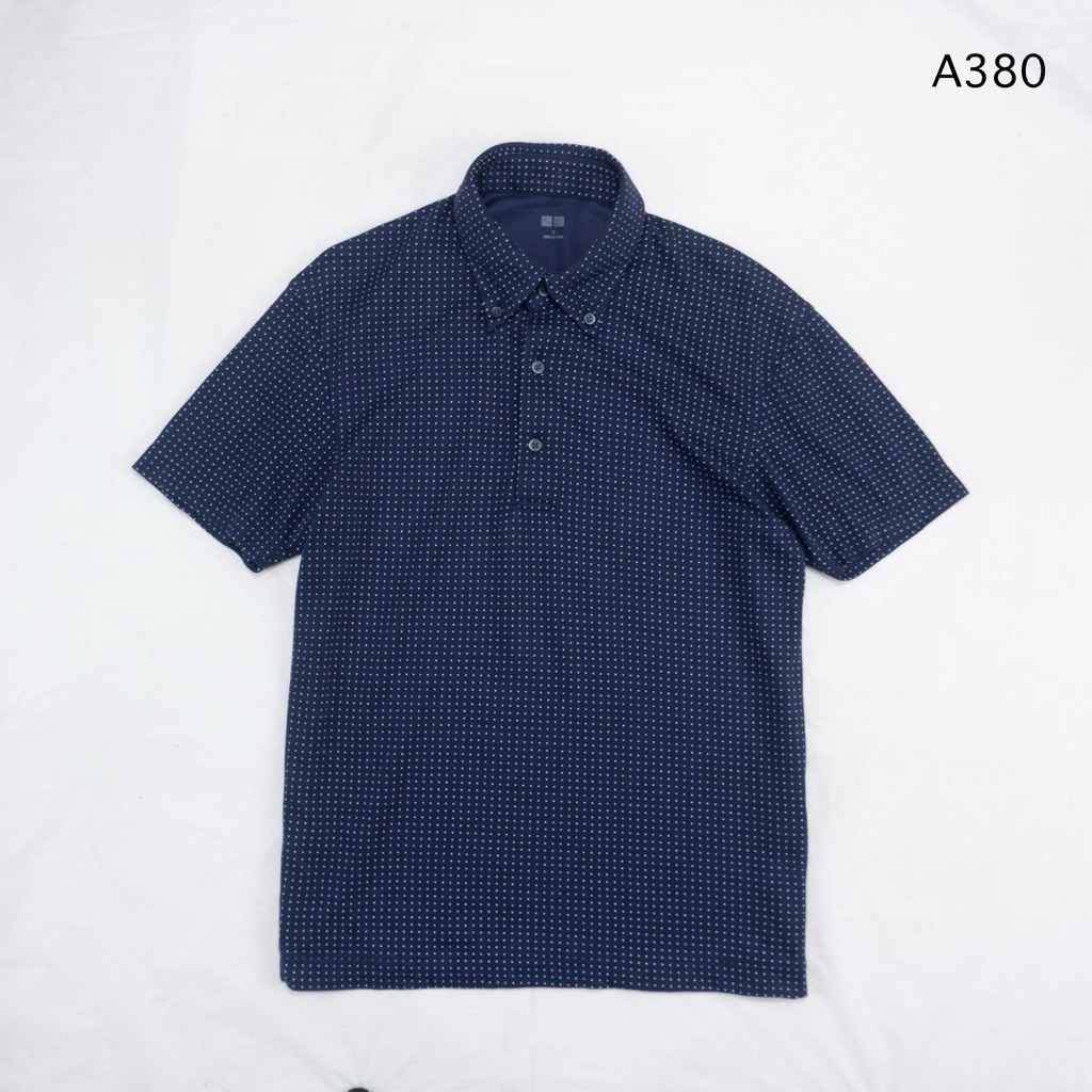 A380 Áo Sơ Mi Polo Nam Uniqlo AIRism Vải Xanh Navy Chấm Bi Họa Tiết Size S Inch