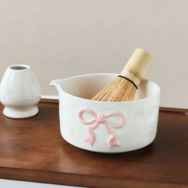 (Bộ 2 Miếng) Chawan Cup Matcha Trà Xanh Họa Tiết Nơ Hồng Gốm Handmade