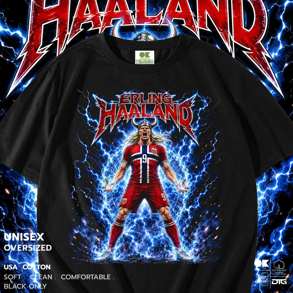 OK Trang phục Áo thun cổ tròn Haland Họa tiết oversize Phong cách Cotton USA